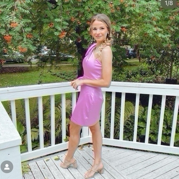 Mac Duggal Ieena Satin One-Sleeve Minidress Orchid - Picture 2 of 14